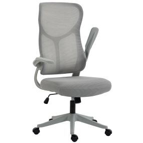 Silla de Escritorio Ergonómica Giratoria de Malla, Silla de Oficina con Reposabrazos Abatibles, Respaldo Alto, Función de Balanceo, Altura Ajustable, Ruedas de PU, Gris