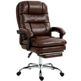 Silla de Escritorio Ergonómica con Reposapiés, Silla de Oficina de PU con Muelles Ensacados, Acolchado Doble, Reclinable 155°, Respaldo Alto, Altura Ajustable, Reposacabezas, Marrón