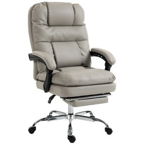 Silla de Escritorio Ergonómica con Reposapiés, Silla de Oficina de PU con Muelles Ensacados, Acolchado Doble, Reclinable 155°, Respaldo Alto, Altura Ajustable, Reposacabezas, Gris Claro