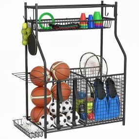 Organizador de equipos deportivos con cesta, ganchos extraíbles y bandas elásticas para balones