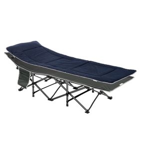Cama de camping plegable con cojín, bolsillo lateral, bolsa de transporte, acero, azul, 188x64,5x53 cm