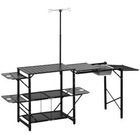 Mesa de camping plegable de 3 niveles con estantes, fregadero, soporte para lámpara y bolsa, negro 173x52x80-174 cm