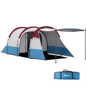 Tienda de campaña familiar para 3 personas plegable ligera con 2 habitaciones impermeable 2000 mm azul claro y rojo
