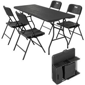 Conjunto de camping plegable de 5 piezas con mesa 180x74x74 cm y 4 sillas negro