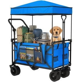 Carro de playa plegable con ruedas grandes, freno, techo extraíble, barra ajustable y bolsillos, azul