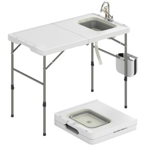 Mesa de limpieza de pescado portátil plegable con altura regulable, grifo, fregadero y cesta