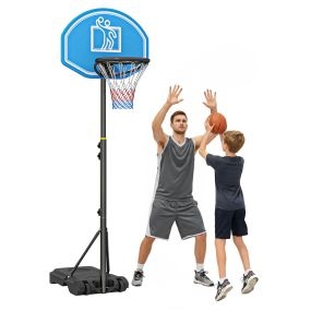Canasta de baloncesto exterior ajustable 160-210 cm portátil con tablero de PE, ruedas y base rellenable azul