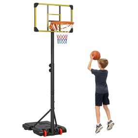 Canasta de Baloncesto Exterior, Altura Ajustable 178-208 cm, Canasta de Baloncesto Portátil con Tablero Irrompible, Ruedas y Base Rellenable con Ranura, para Adolescentes y Adultos, Amarillo