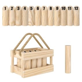 Juego de bolos finlandeses de madera de pino con 12 bolos, palo de lanzamiento y caja de transporte natural
