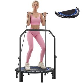 Trampolín de fitness para adultos Ø102 cm plegable con mango ajustable y bandas, azul, 150 kg