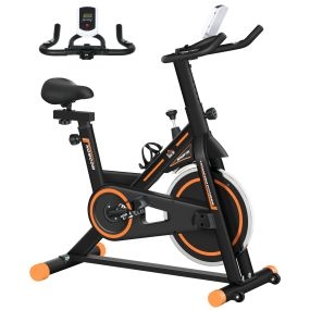 Bicicleta estática con volante 8 kg, resistencia ajustable, pantalla LCD, pulsómetro, asiento ajustable, carga 120 kg, negro y naranja