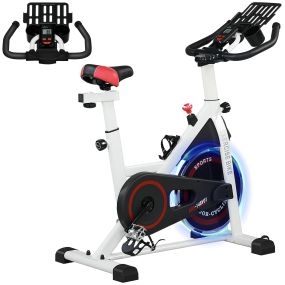 Bicicleta estática con resistencia regulable, volante de inercia 8 kg, LCD, ajustable, blanca