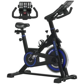 Bicicleta estática con resistencia regulable, volante de inercia 8 kg, LCD, ajustable, azul