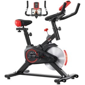 Bicicleta estática ciclo indoor con pantalla LCD, pulsómetro, sillín y manillar ajustables, volante de inercia 6 kg, resistencia regulable, 85x46x114 cm, negro y rojo