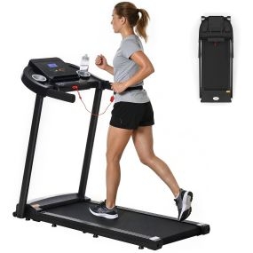 Cinta de correr para casa 1-12 km/h 1,5 HP con 12 programas, ruedas, pantalla LED y soporte móvil