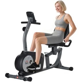 Bicicleta estática reclinada con respaldo ajustable, 8 niveles de resistencia magnética, asiento regulable, sensor de pulso, pantalla LCD y ruedas para casa