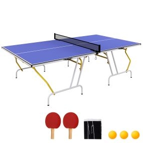 Mesa de ping-pong plegable de diseño compacto con red, reposapiés ajustables y marco de acero, 274x152,5x76 cm, azul