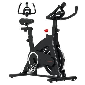 Bicicleta estática con volante de inercia 15 kg, pantalla LED, pulsómetro, asiento ajustable, negra