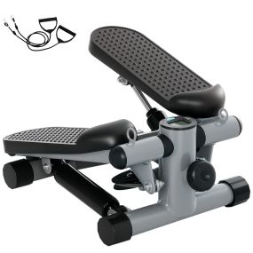 Mini stepper para ejercicio en casa con bandas de resistencia, monitor LCD y pedales antideslizantes gris
