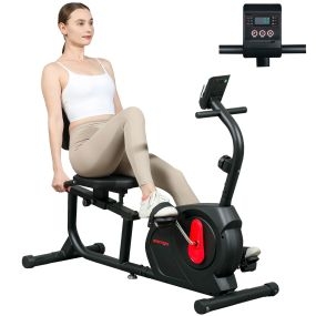Bicicleta estática reclinada con respaldo, 8 niveles de resistencia, asiento ajustable y LCD