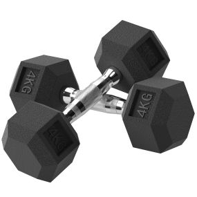Juego de mancuernas hexagonales 2 x 4 kg de hierro fundido recubiertas de goma negro y plata