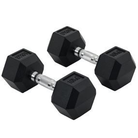 Juego de mancuernas hexagonales 2 x 10 kg de hierro fundido recubiertas de goma negro y plata