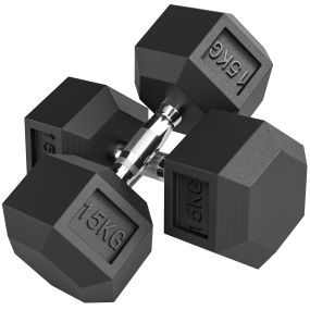 Juego de mancuernas hexagonales 2 x 15 kg de hierro fundido recubiertas de goma negro y plata