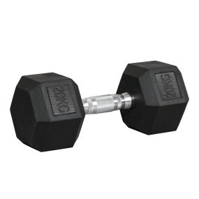Mancuerna hexagonal de hierro fundido 20 kg con recubrimiento de goma y mango moleteado negro y plata