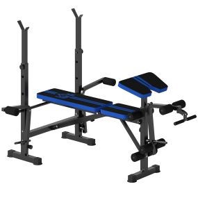Banco de musculación multifuncional con respaldo ajustable, soporte regulable y extensión de piernas azul