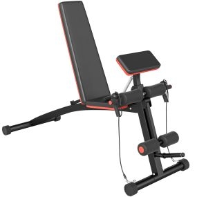 Banco de musculación plegable rojo con respaldo inclinable 7 niveles, extensión de pierna y cojín predicador