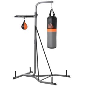 Saco de Boxeo Colgante 2 en 1 Saco de Suelo de Pie con Soporte con Bola de Velocidad Ajustable en Altura de 167-187 cm e Inflador para Ejercicios Fitness en Casa Gimnasio 115x157x221 cm Gris