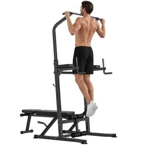 Estación de musculación ajustable con barra de dominadas y banco plegable 150 kg 99x178x230 cm negro