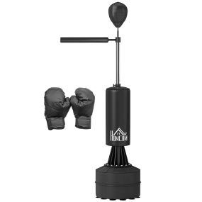 Saco de boxeo de pie 155-205 cm con barra giratoria 360°, bola de velocidad y base rellenable negro