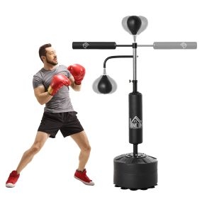 Saco de boxeo de pie 160-230 cm con barra giratoria 360°, 2 bolas de velocidad y base rellenable, negro