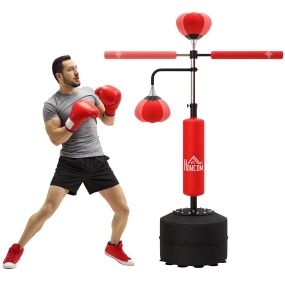 Saco de boxeo de pie 160-230 cm con barra giratoria 360°, 2 bolas de velocidad y base rellenable, rojo