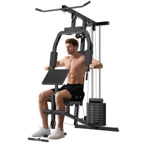 Multiestación Máquina de Musculación con Estribo para Piernas Poleas y Placas de Peso de 45 kg para Entrenamiento Fitness en Hogar Gimnasio 148x108x207 cm Negro