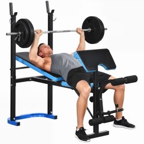 Banco de Musculación Multifuncional Banco de Pesas con Soporte para Barra y Respaldo Ajustable para Entrenamiento Completos de Cuerpo en Casa Gimnasio Negro y Azul