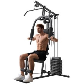 Multiestación de musculación con prensa de pecho, 45 kg de placas, curl de piernas y polea mariposa, carga 100 kg, negro para casa y gimnasio