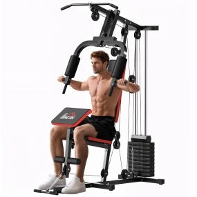Multiestación Musculación, Máquina de Musculación con Prensa de Pecho, Placas de Peso 65 kg, Curl de Piernas y Brazos, Polea Mariposa, Carga 100 kg para Entrenamiento Casa Gimnasio Negro y Rojo