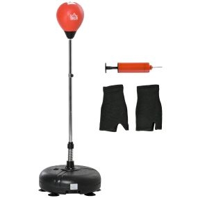 Saco de boxeo de pie ajustable 133-151 cm con base rellenable, guantes e inflador, negro y rojo