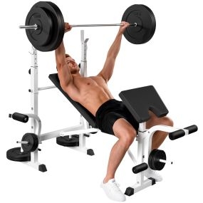 Banco de musculación multifuncional inclinable con soporte para barra, extensión de piernas y curl de predicador