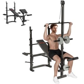 Banco de musculación multifuncional inclinable con soporte para barra ajustable, extensión de piernas, curl predicador y mariposa para entrenamiento en casa y gimnasio