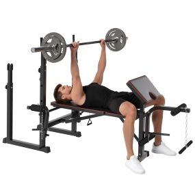 Banco de musculación multifuncional con soportes para barra regulables y respaldo ajustable negro