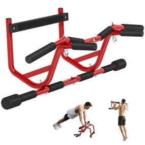 Barra de dominadas multifuncional de pared con mangos antideslizantes, carga 150 kg, rojo y negro