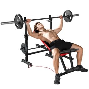 Banco de musculación multifuncional 420 kg inclinable con soporte para barras ajustable y respaldo regulable