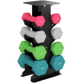 Juego de mancuernas 8 piezas 20 kg hexagonales con soporte y mango recto multicolor