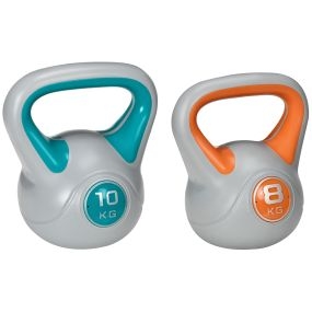 Conjunto de 2 pesas rusas de 10 kg y 8 kg con relleno de arena mango ancho azul y naranja