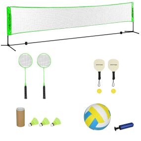 Set de bádminton de 7 piezas con 2 raquetas, 3 volantes, 2 palas de pickleball, pelota y red con soporte negro y verde