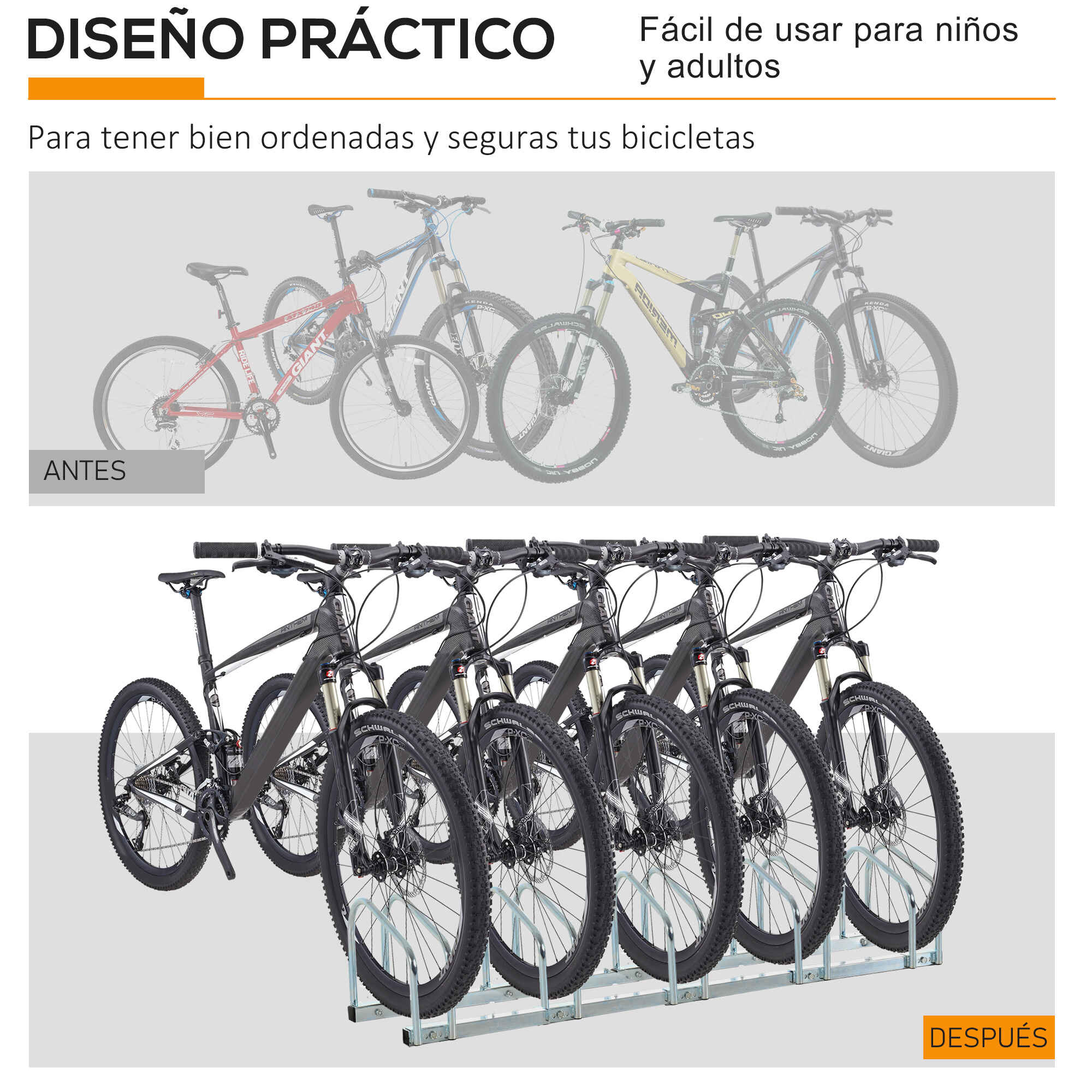 Aparcamiento para Bicicletas Soporte de Acero para Aparcar 5 Bicis en el Suelo o Pared Estacionamiento para Interior y Exterior 145x33x27 cm Plata