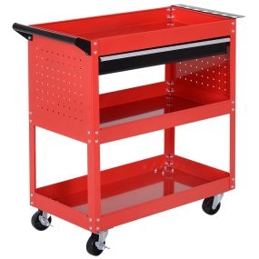Carro de taller con 3 bandejas, cajón, panel lateral perforado, asa y ruedas con freno, rojo